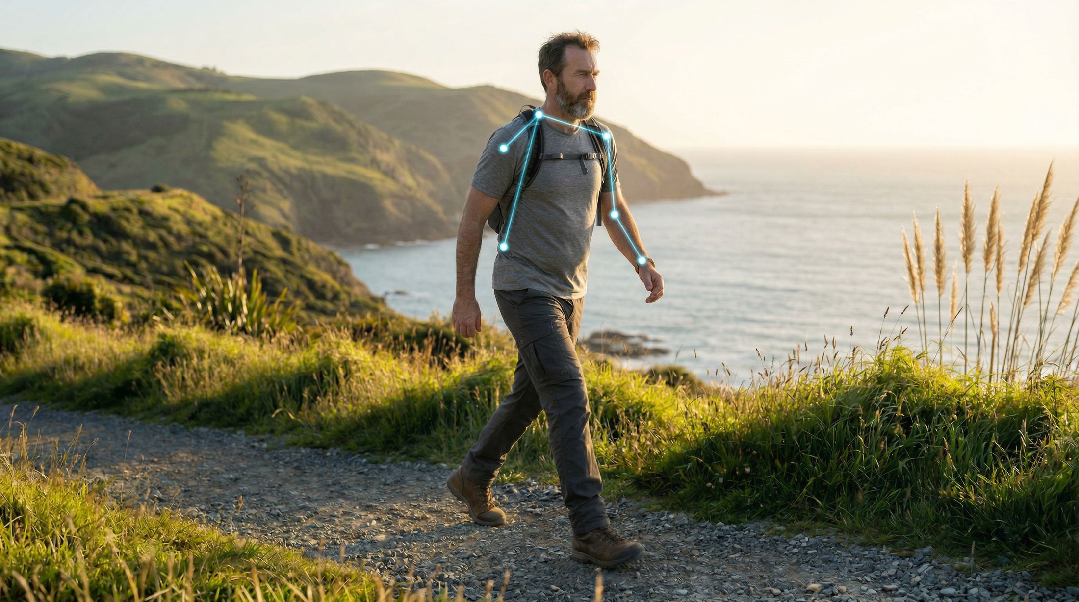A man walking a coastal track at sunrise, with movement highlighted along his shoulders and arms.