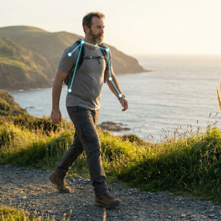 A man walking a coastal track at sunrise.
