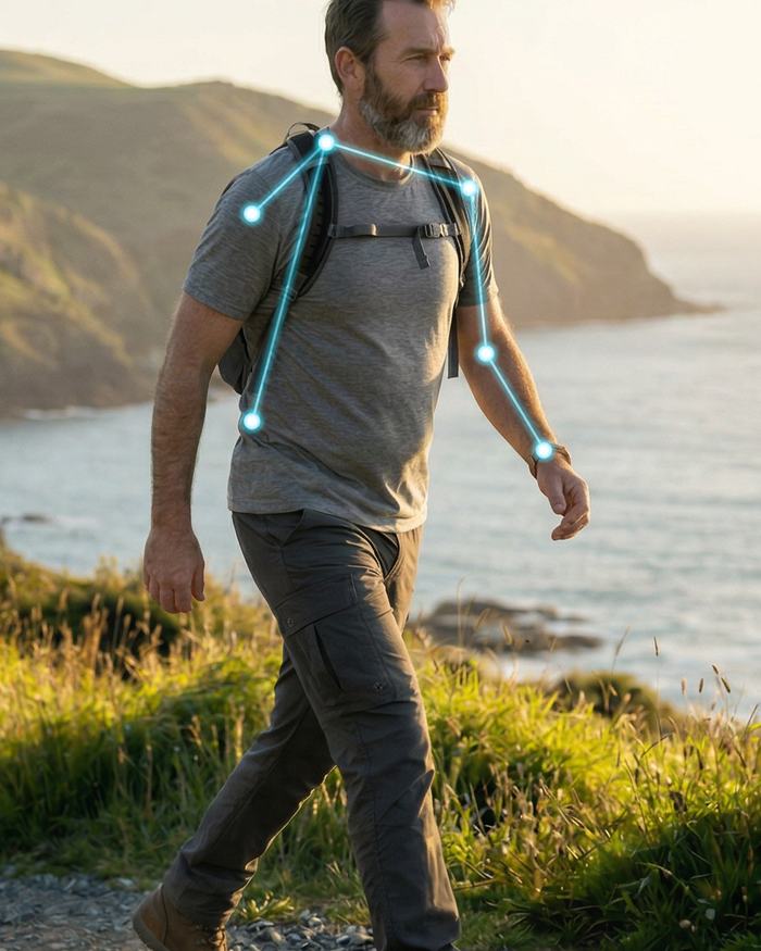 A man walking a coastal track in the early morning light.